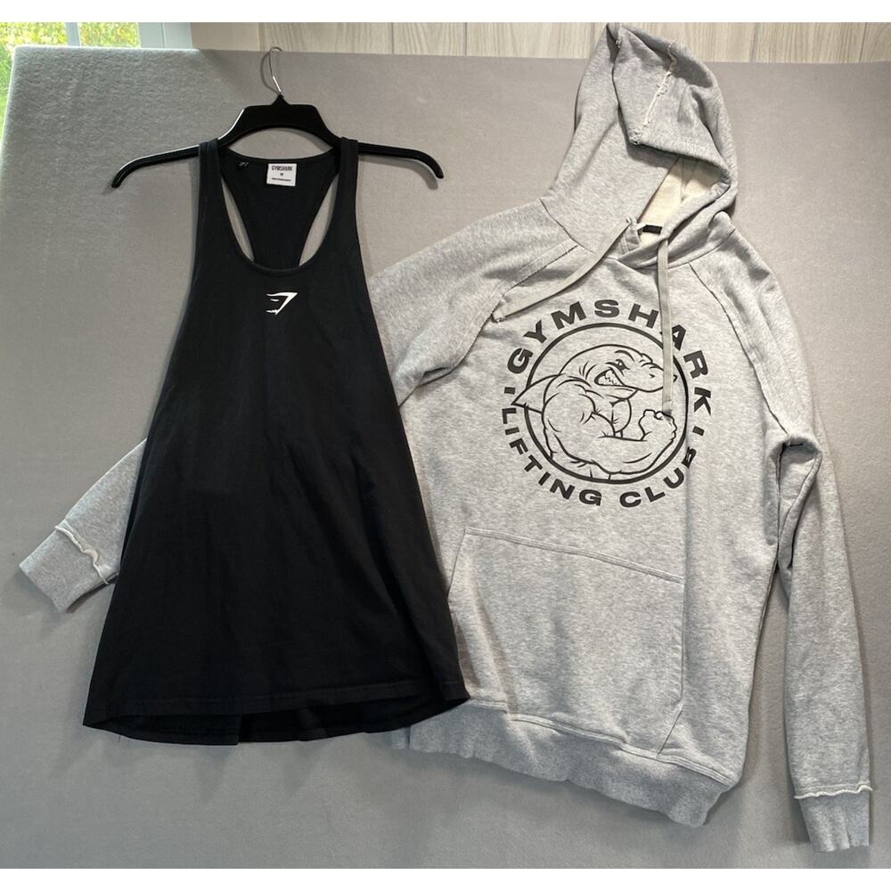 GYMSHARK Fitness Logo Hoodie Kangaroo Pocket Gray Sweatshirt & Tank Top Men SZ M